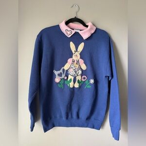 Tultex Vintage Navy Blue Bunny Appliqué Sweater with Pink Collar medium